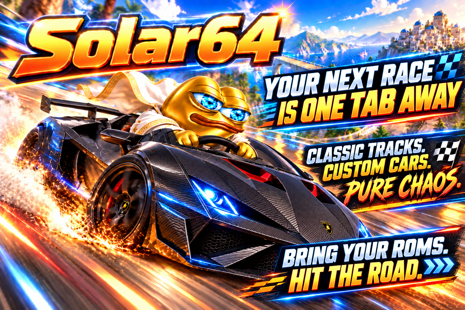 SOLAR64: classic tracks, custom cars, pure chaos. Bring your ROMs. Hit the road.