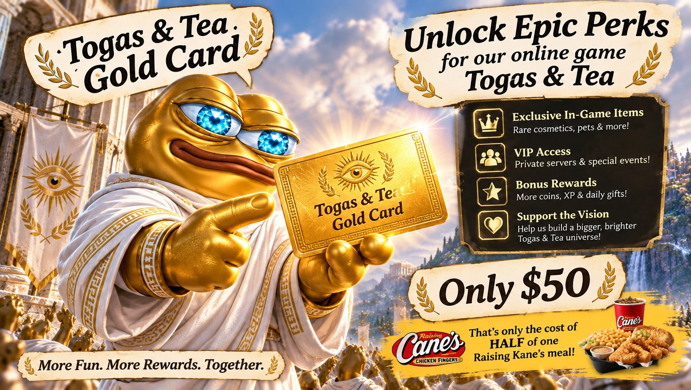 Togas & Tea Gold Card supporter tier artwork
